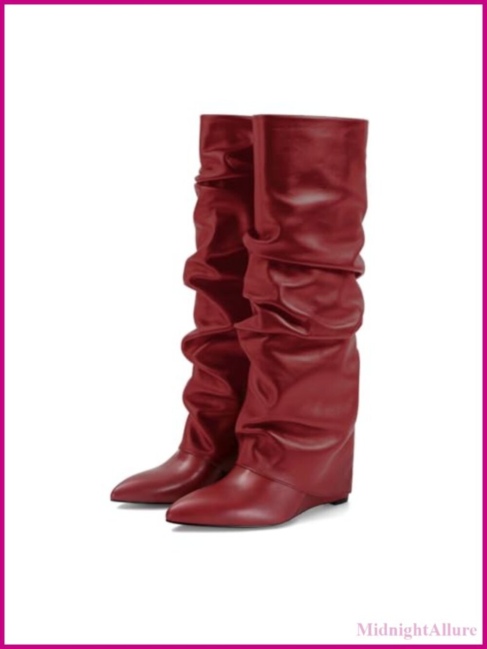 Women's Fold Over Knee High Boots Pointed Toe Wedge Heel Pull-On